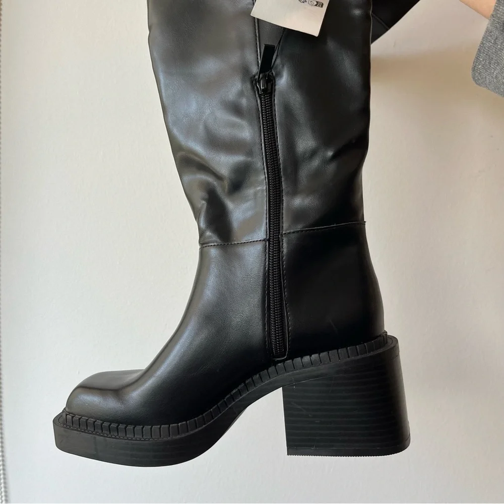 Zara Women’s 6 Extra Long Square Toe Black Boots Thigh High Over The Knee Combat